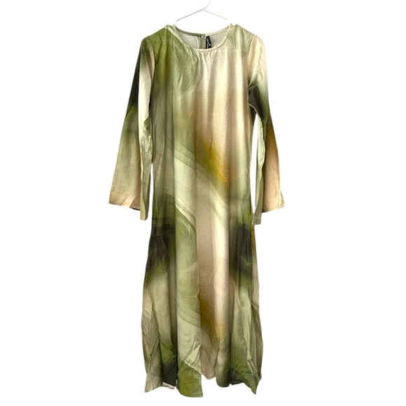 Modest Essentials medium Green Abstract Print Maxi Dress Long Sleeve Boho - Picture 1 of 5